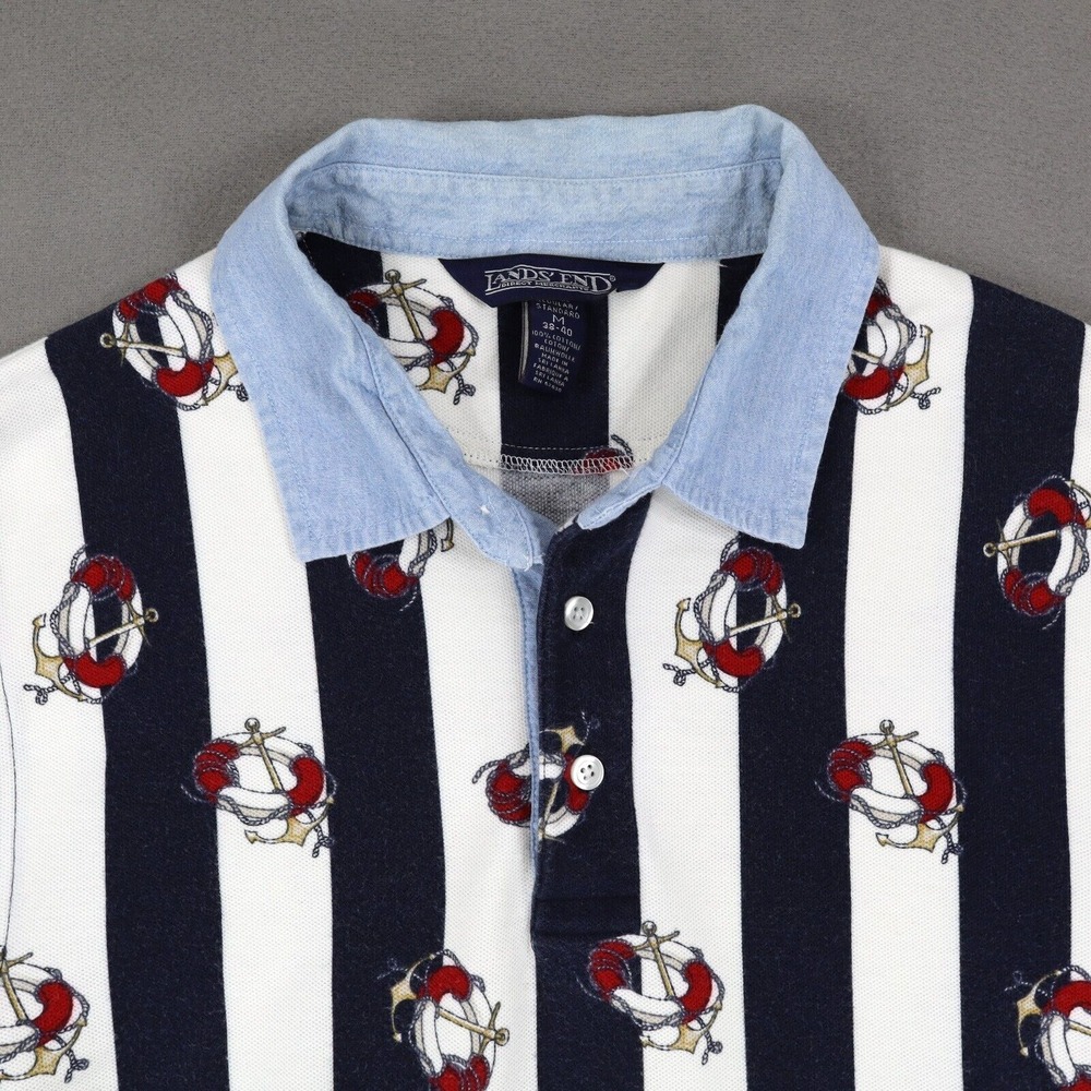 Vintage Lands End Denim Collar Polo Shirt Sz M Nautical Stripe Life Saver Anchor